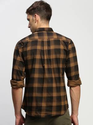men's long sleeves tartan checks brown shirt 4