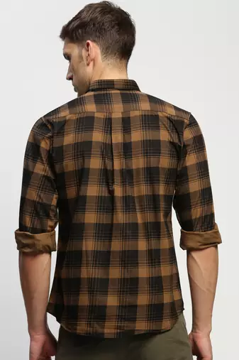 men's long sleeves tartan checks brown shirt