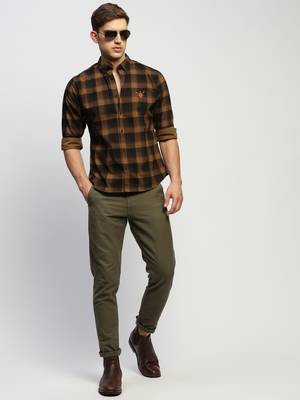 men's long sleeves tartan checks brown shirt 5