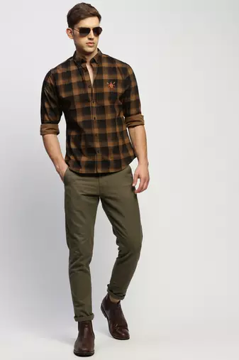 men's long sleeves tartan checks brown shirt
