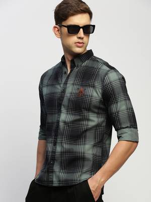 men's long sleeves tartan checks sea green shirt 1
