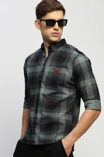 men's long sleeves tartan checks sea green shirt