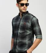 men's long sleeves tartan checks sea green shirt