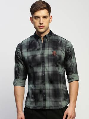 men's long sleeves tartan checks sea green shirt 2