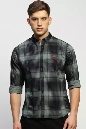 men's long sleeves tartan checks sea green shirt