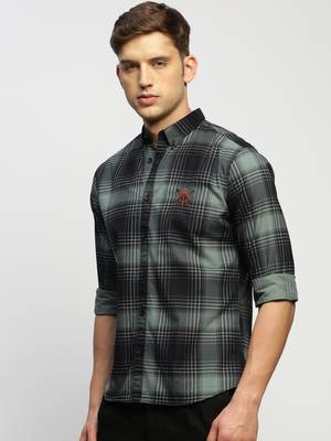 men's long sleeves tartan checks sea green shirt 3