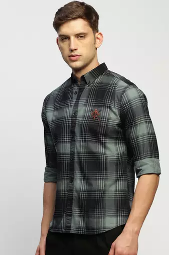 men's long sleeves tartan checks sea green shirt