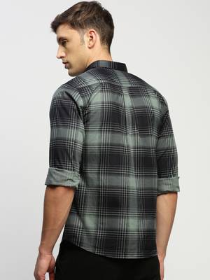 men's long sleeves tartan checks sea green shirt 4