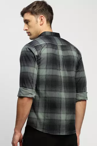 men's long sleeves tartan checks sea green shirt