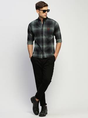 men's long sleeves tartan checks sea green shirt 5
