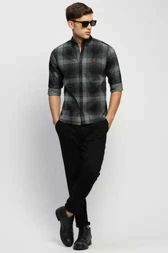 men's long sleeves tartan checks sea green shirt