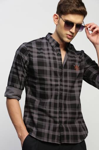 men's long sleeves tartan checks grey shirt
