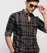 men's long sleeves tartan checks grey shirt