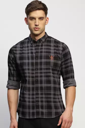 men's long sleeves tartan checks grey shirt