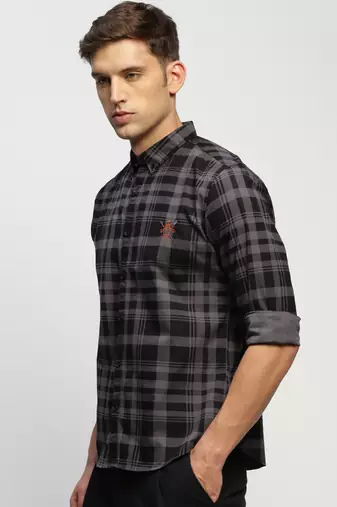 men's long sleeves tartan checks grey shirt