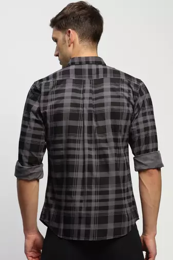 men's long sleeves tartan checks grey shirt