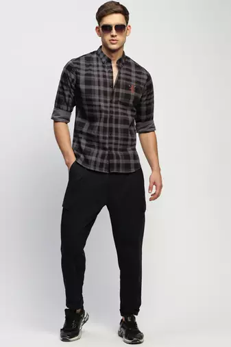 men's long sleeves tartan checks grey shirt