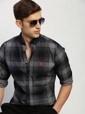 Showoff men's long sleeves tartan checks navy blue shirt 1