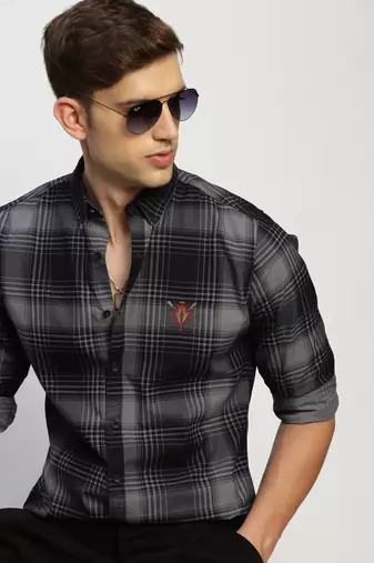 Showoff men's long sleeves tartan checks navy blue shirt