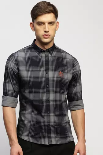 Showoff men's long sleeves tartan checks navy blue shirt