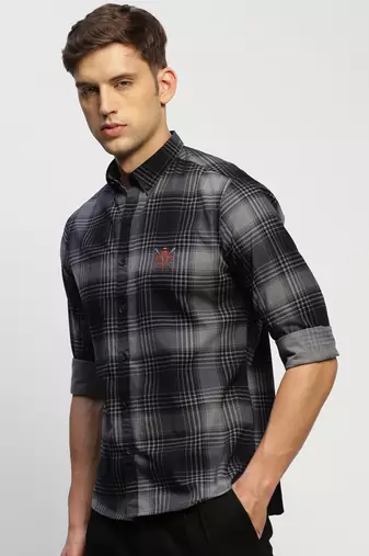 Showoff men's long sleeves tartan checks navy blue shirt