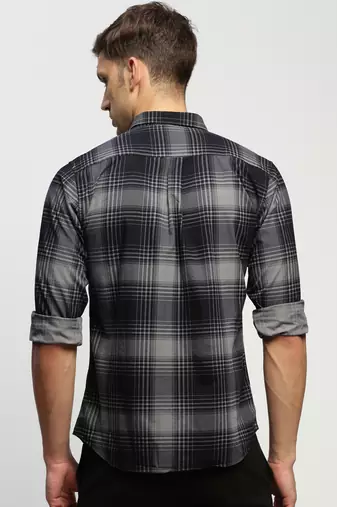 Showoff men's long sleeves tartan checks navy blue shirt