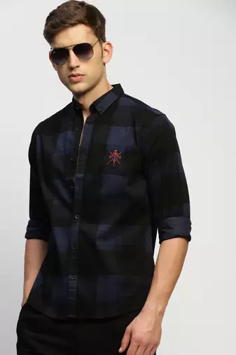 men's long sleeves tartan checks navy blue shirt