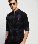 men's long sleeves tartan checks navy blue shirt