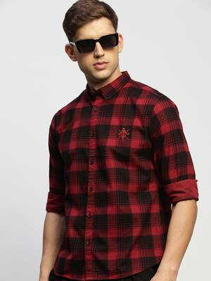 men's long sleeves tartan checks maroon shirt 1