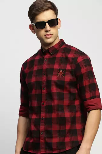 men's long sleeves tartan checks maroon shirt