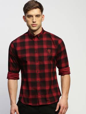 men's long sleeves tartan checks maroon shirt 2