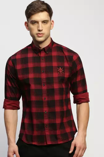 men's long sleeves tartan checks maroon shirt