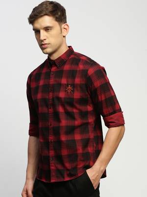 men's long sleeves tartan checks maroon shirt 3