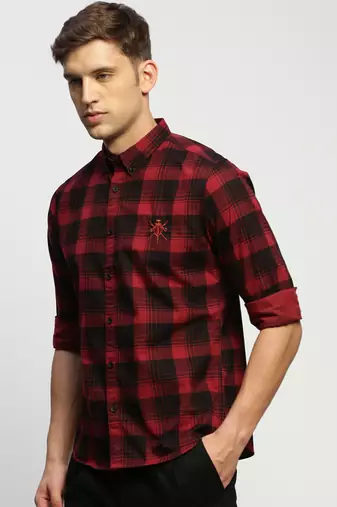 men's long sleeves tartan checks maroon shirt