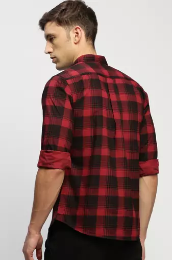 men's long sleeves tartan checks maroon shirt