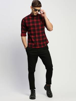 men's long sleeves tartan checks maroon shirt 5