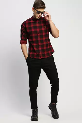 men's long sleeves tartan checks maroon shirt
