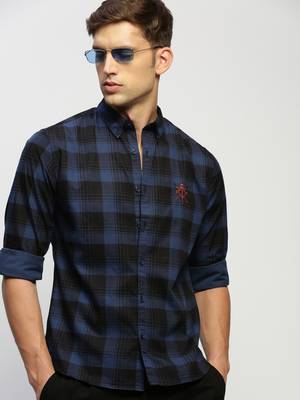 men's long sleeves tartan checks blue shirt 1