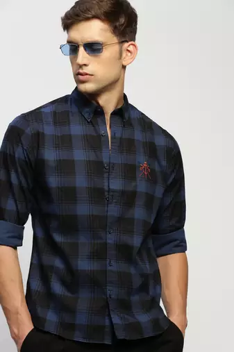 men's long sleeves tartan checks blue shirt