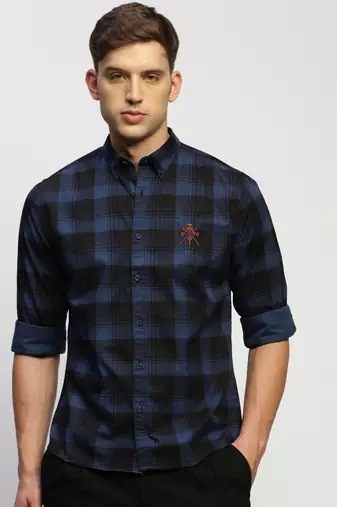 men's long sleeves tartan checks blue shirt