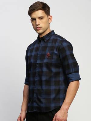 men's long sleeves tartan checks blue shirt 3