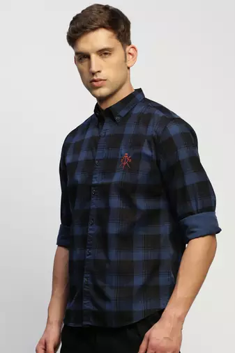 men's long sleeves tartan checks blue shirt