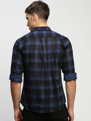 men's long sleeves tartan checks blue shirt 4