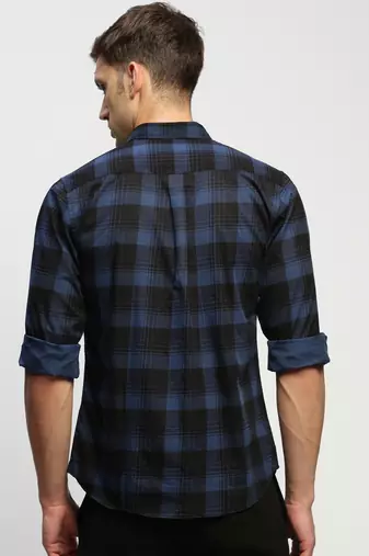men's long sleeves tartan checks blue shirt