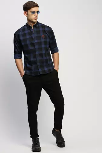 men's long sleeves tartan checks blue shirt