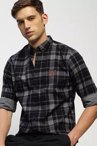 men's long sleeves tartan checks grey shirt