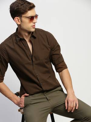 Showoff men's long sleeves horizontal stripes brown shirt 1