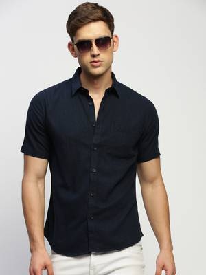 men's short sleeves solid navy blue shirt 1