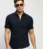 men's short sleeves solid navy blue shirt