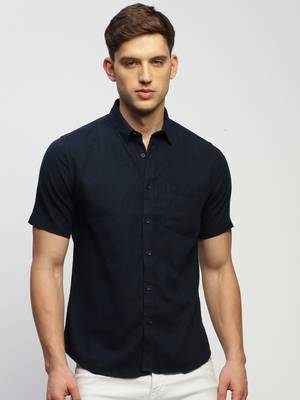 men's short sleeves solid navy blue shirt 2